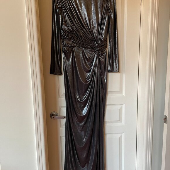 Rene Ruiz Collection Ruched Side Slit Patent Glitter Long-Sleeve Gown - Picture 5 of 9